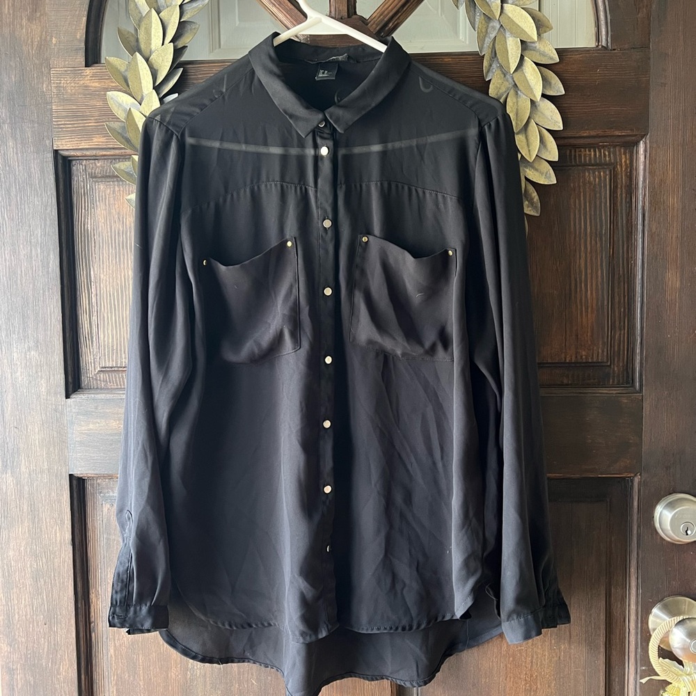 Gently worn- black sheer blouse with gold buttons and pockets in the front